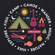 a black t - shirt with the words camp, canoe, water music and life is good