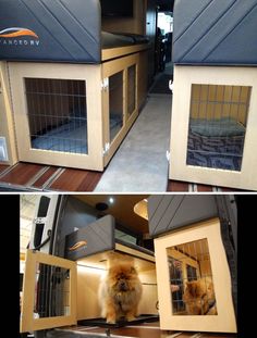 there are two pictures of the inside of a van with dogs in their kennels