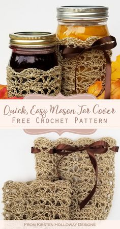 crochet mason jar covers with text overlay that says quick, easy mason jar covers free crochet pattern