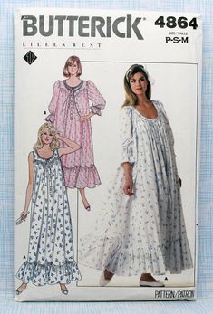 Butterick 4864, Misses' robe and nightgown sewing pattern, Uncut/FF. Misses' size P S M (6 8 10 12 14). The very loose-fitting, flared robe or nightgown has yokes, front band and hemline ruffles, above ankle or ankle length. Robe has below elbow sleeves with elastic and gown has slightly cutaway armholes.  Misses' size P S M Body Measurements: Bust:  30-1/2" to 36" Waist:  23" to 28" Hip:  32-1/2" to 38" Pattern envelope has minor crinkles/folds/tears due to age/storage (see pictures).  Pattern Nightgown Pattern, Dresses By Pattern, Eileen West, Top Sewing, Vintage Nightgown, Butterick Pattern, Butterick Sewing Pattern, Women's Robe, Retro Mode