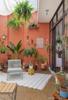 an outdoor patio with potted plants on the wall