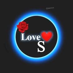 the words love s and a red rose are in front of a black background with blue lights