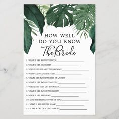 a palm leaf bridal game with the words, how well do you know the bride?