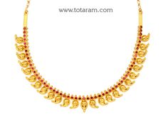 22 Karat Gold 'Mango' Necklace with Red Stones - 235-GN3045 - in 26.900 Grams for USD $2119.79. 
Made in India by Totaram Jewelers Online this product is in Gold - 22 Karat BIS Hallmark 916 KDM Gold  & is an excellent gift for Adult - Women. Ships fully insured with secured guaranteed delivery for free with your order over $250 from New Jersey USA & comes with 30 days exchange policy. Mango Necklace, 22k Gold Necklace, 22k Gold Jewelry, Red Stones, Gold Jewelry Indian, Red Stone, Gifts For Adults, Online Jewelry Store, 22k Gold