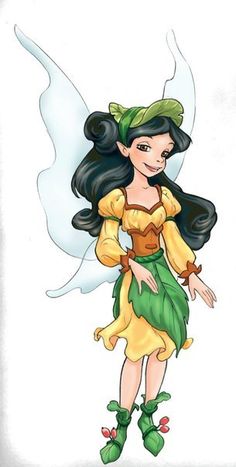 a drawing of a fairy with long black hair and green shoes