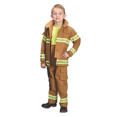 a young boy dressed in a fire fighter costume standing with his hands on his hips