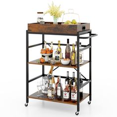 a bar cart filled with bottles and glasses