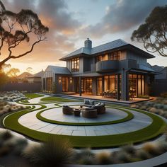 a large house with an outdoor seating area in the foreground and grass on the ground