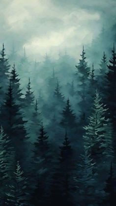 a painting of trees in the middle of a foggy forest with dark clouds above them