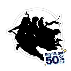 the silhouettes of two people riding on top of each other in front of a sign that says buy 10 get 50 % off