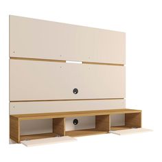 a white wall mounted cabinet with two drawers and three pegs on the bottom shelf