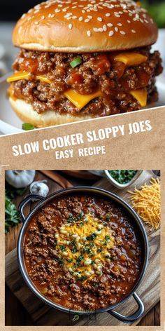 two pictures with the words slow cooker sloppy joes and an image of a hamburger