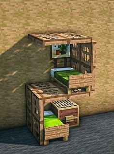 a bed made out of pallet wood and some drawers in the shape of a house