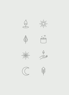 the icons are drawn in thin lines and have different shapes, sizes, and colors