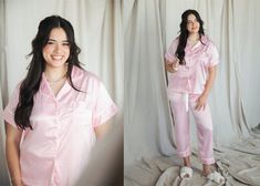 This luxurious set in a delicate light pink, with it's playful satin ribbon drawstring, makes bedtime a breeze. Made from a blend of polyester satin and spandex fabrics, these pajamas are not only breathable and lightweight, but also incredibly soft on your skin.  Featuring delicate design details like pearlized shell buttons, cuffed hem sleeves and bottoms, pants with pockets, and contrast piping trim. Add a personalized touch with our custom printed text option, making these pajamas the perfec Pink Satin Pajamas, Pink Silk Pajamas, Pink Pajama Set, Silk Pajama Pants, Satin Pyjama, Pink Pajama, Pyjama Satin, Silk Pajama, Pink Pajamas