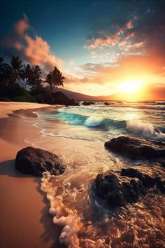 the sun is setting over an ocean with waves crashing on rocks and palm trees in the background