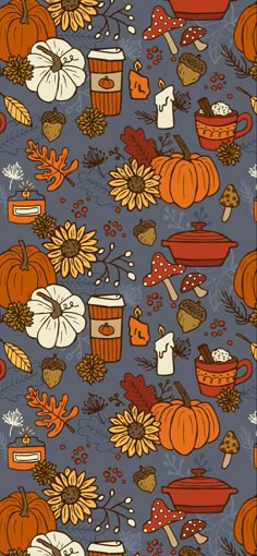 a blue background with pumpkins and other autumn items