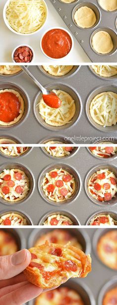 the process of making mini pizzas in muffin tins