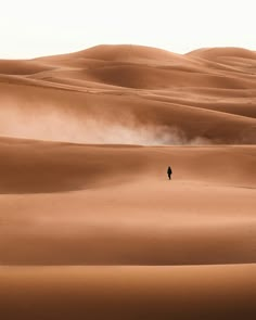 a lone person standing in the middle of a large desert area with sand blowing around