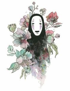 a drawing of a woman with flowers in her hair and a mask on her face