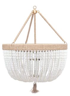 white beaded chandelier hanging from the ceiling