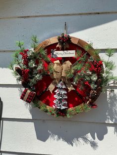 a christmas wreath hanging on the side of a building