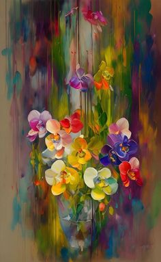 an oil painting of flowers in a vase