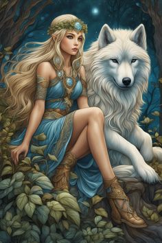 a painting of a woman sitting next to a white wolf