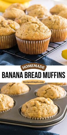 banana bread muffins sitting on top of a cooling rack with bananas in the background