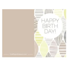 a card with the words happy birthday on it and an abstract design in grey, yellow and