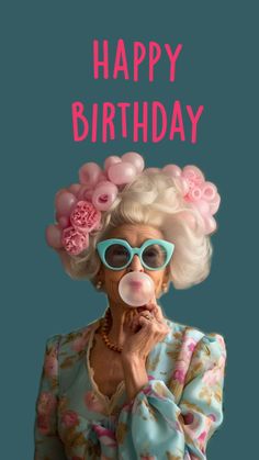 an old woman blowing bubbles with her hand on her face and the words happy birthday written in