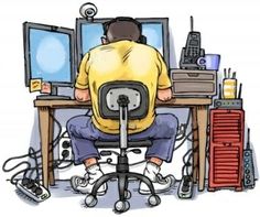 a man sitting at a desk in front of two computer monitors