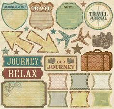 the travel journal stickers are shown in various shapes and sizes, including tags, labels,