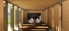 an artist's rendering of a classroom with desks and chalkboard on the wall