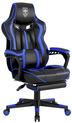 a black and blue office chair with wheels