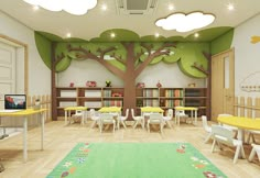 a classroom with tables, chairs and a tree painted on the wall