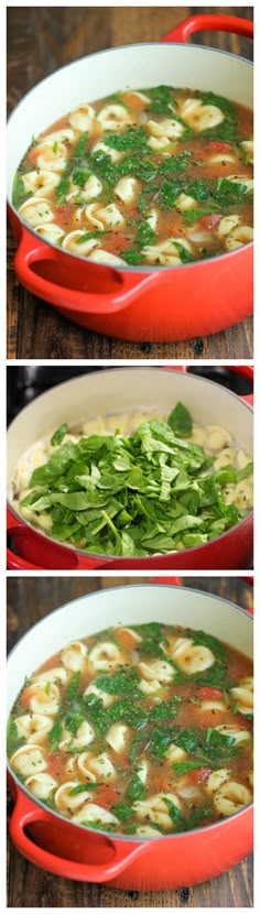 two pictures of soup in a red pan