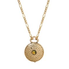 PRICES MAY VARY. Round Genuine Abalone On Round 14K Gold Dipped Locket Measurements: 34"L x 1.74"W x 1.28"W 3-Inch Extension Chain Made In USA This Moroccan-inspired locket, dipped in 14k gold, showcases a mesmerizing genuine abalone centerpiece encircled by intricate designs. Within the locket rests a captivating peridot green channel crystal, adding a touch of elegance and allure. Suspended from a 34" figaro chain secured by a lobster clasp, this piece exudes sophistication and charm, perfect for those seeking a unique and enchanting accessory. Unique Locket, Crystal Locket, Moroccan Jewelry, 1928 Jewelry, Peridot Green, Vintage Inspired Jewelry, Vintage Style Jewellery, Locket Charms, Figaro Chain