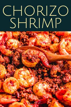 the book cover for chorizzo shrimp is shown with a wooden spoon in it