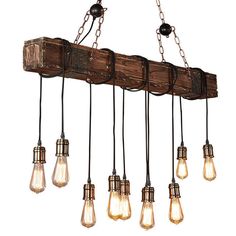 a wooden beam with five light bulbs hanging from it's sides and four lights on each side