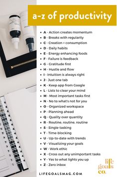 a table topped with lots of different items and text that says a - z of productivity