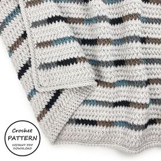 the crochet pattern is shown in grey, brown and blue colors with an oval logo