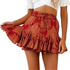 Rust Red Digital Print Pleated Mini Skirt Red Flared Skirt For Summer, Red Lined Skirt For Beach, Red Lined Skirt For The Beach, Red Lined Beach Skirt, Red Fitted Mini Skirt For Vacation, Red Mini Skirt For Beach, Red Tiered Skirt For Vacation, Fitted Red Mini Skirt For Vacation, Red Skirted Beach Bottoms