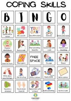 Coping Skills BINGO is a fun activity to teach social skills to your children and students! Print and put in plastic sheet protectors or laminate. We recommend covering the coping strategies with bingo markers, round candies, crackers, or playdough. This resource includes 20 bingo cards with 33 different coping strategy calling cards. Coping Skills Bingo Free Printable, Coping Skills Activity For Kids, Coping Skills For Kids Activities, Coping Skills Bingo, Relax Ideas, Social Skills Activities For Kids, Music Therapy Interventions, Bingo Games For Kids, Coping Skills Activities