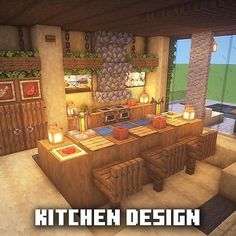 an image of a kitchen in minecraft with the words kitchen design on top of it