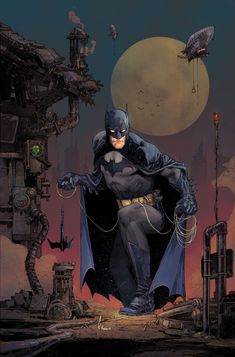 the batman is standing in front of a full moon