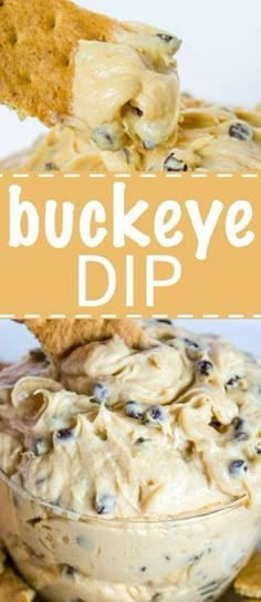 a bowl filled with cookies and dip next to crackers on a plate that says buckeye dip