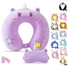 an inflatable neck pillow with various designs and colors, including the letter o