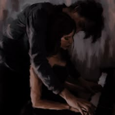 a painting of a man and woman playing the piano