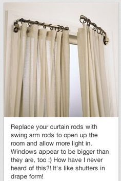 an open window with white curtains and black metal hardware on the rod ends, in front of it is a poem about how to hang your curtain rods